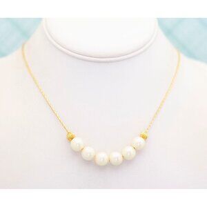 Vintage Gold Tone White Faux Pearl Victorian Necklace 23 inch - E37